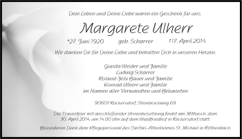 Traueranzeige von Margarete Ulherr von Pegnitz-Zeitung